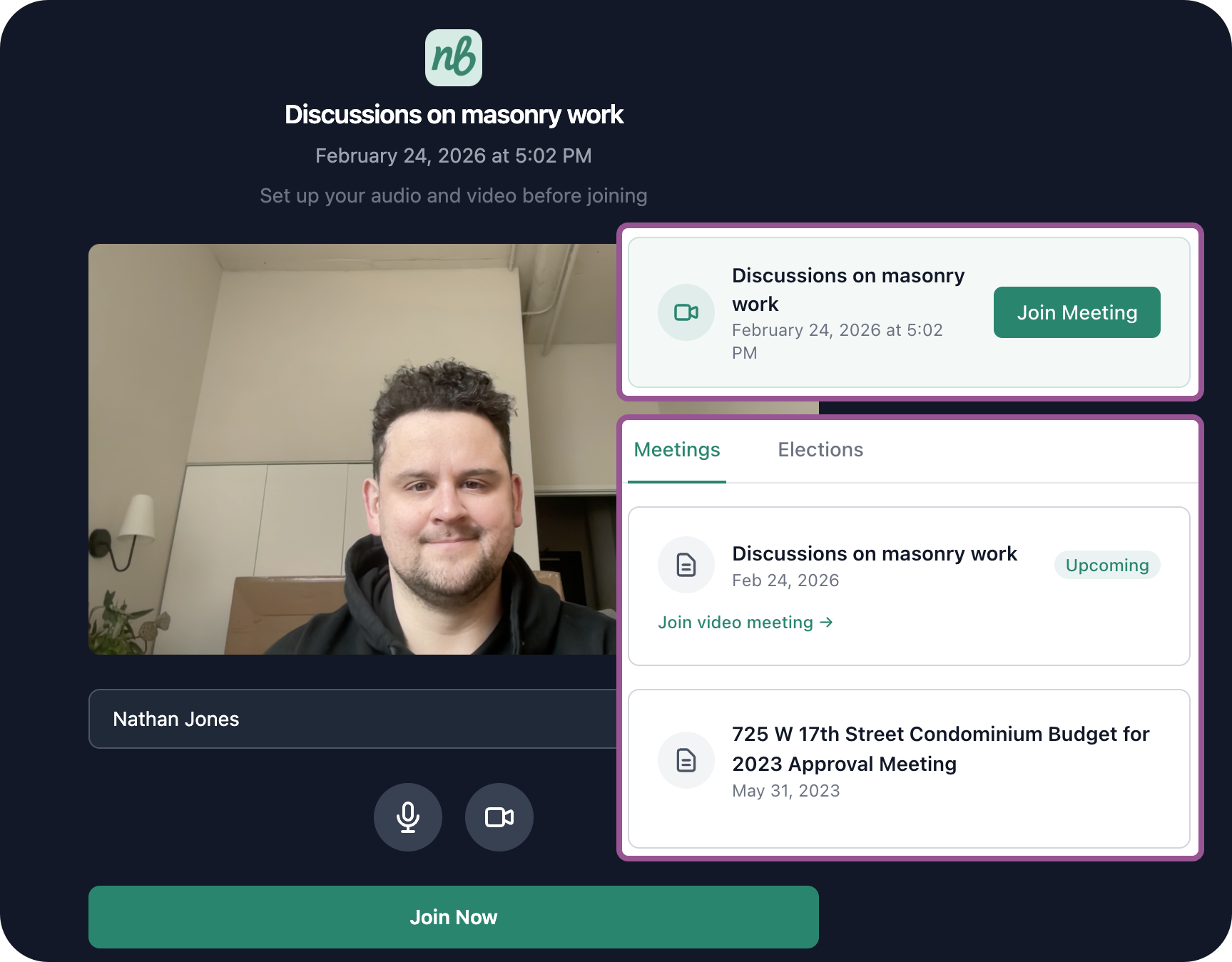 Nestingbird video meeting join screen with camera preview and Join Now button