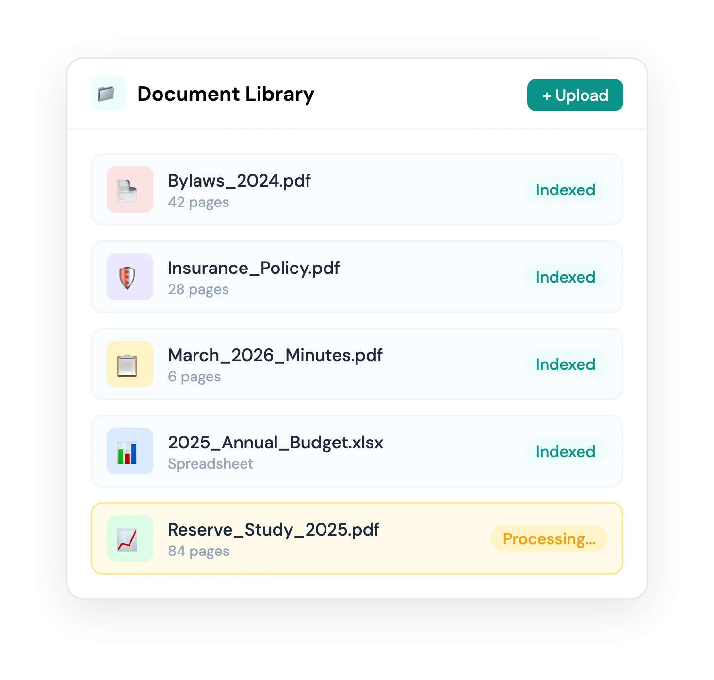 Document library with uploaded bylaws and financial reports