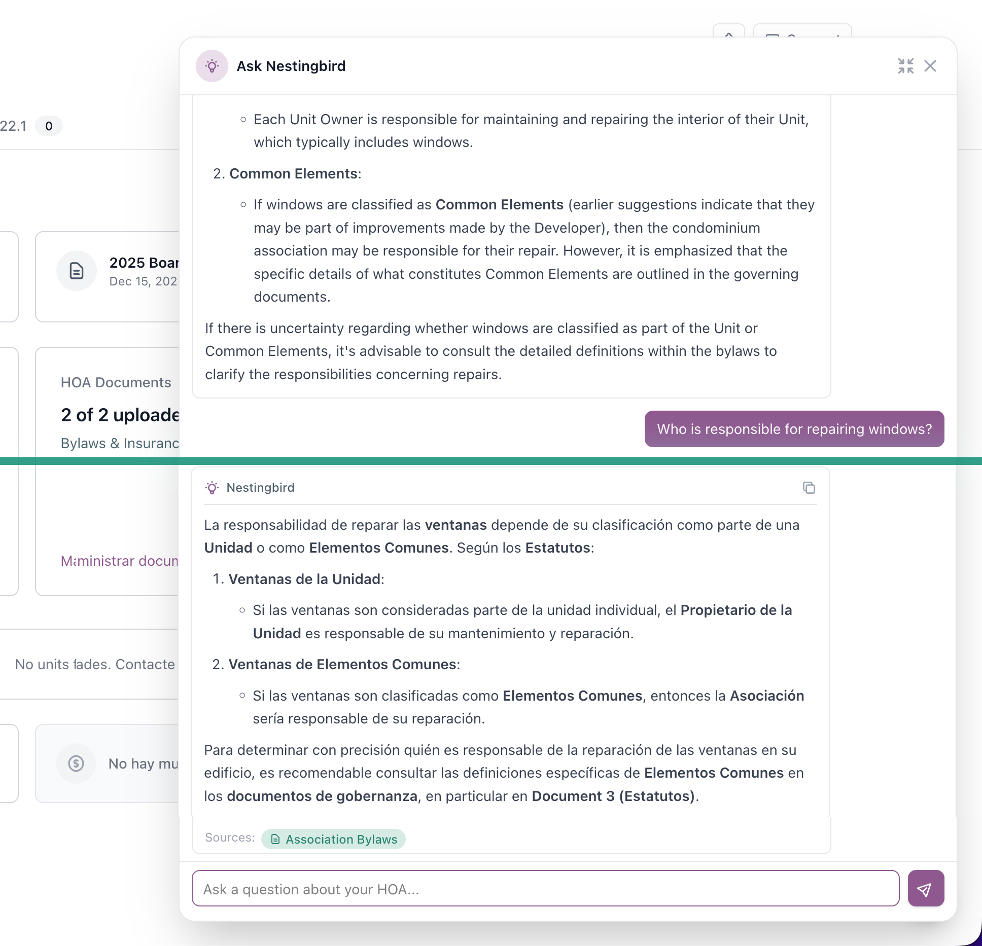Birdie AI chat assistant answering a question about bylaws