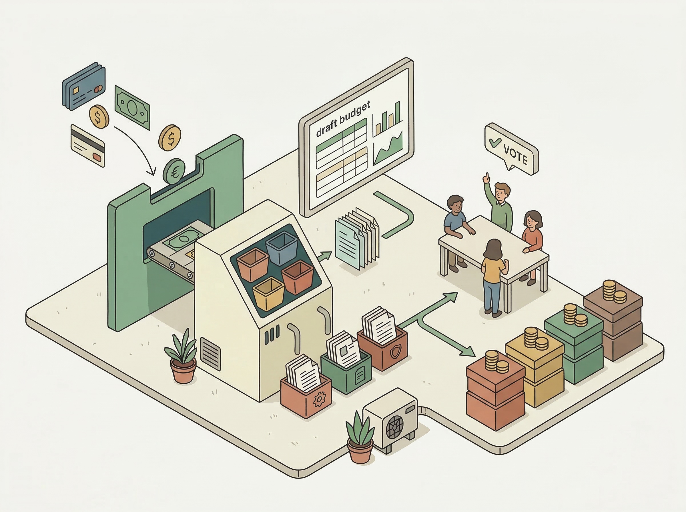 Isometric diagram showing the budget workflow: bank transactions feed a draft budget, board approves, and assessments calculate