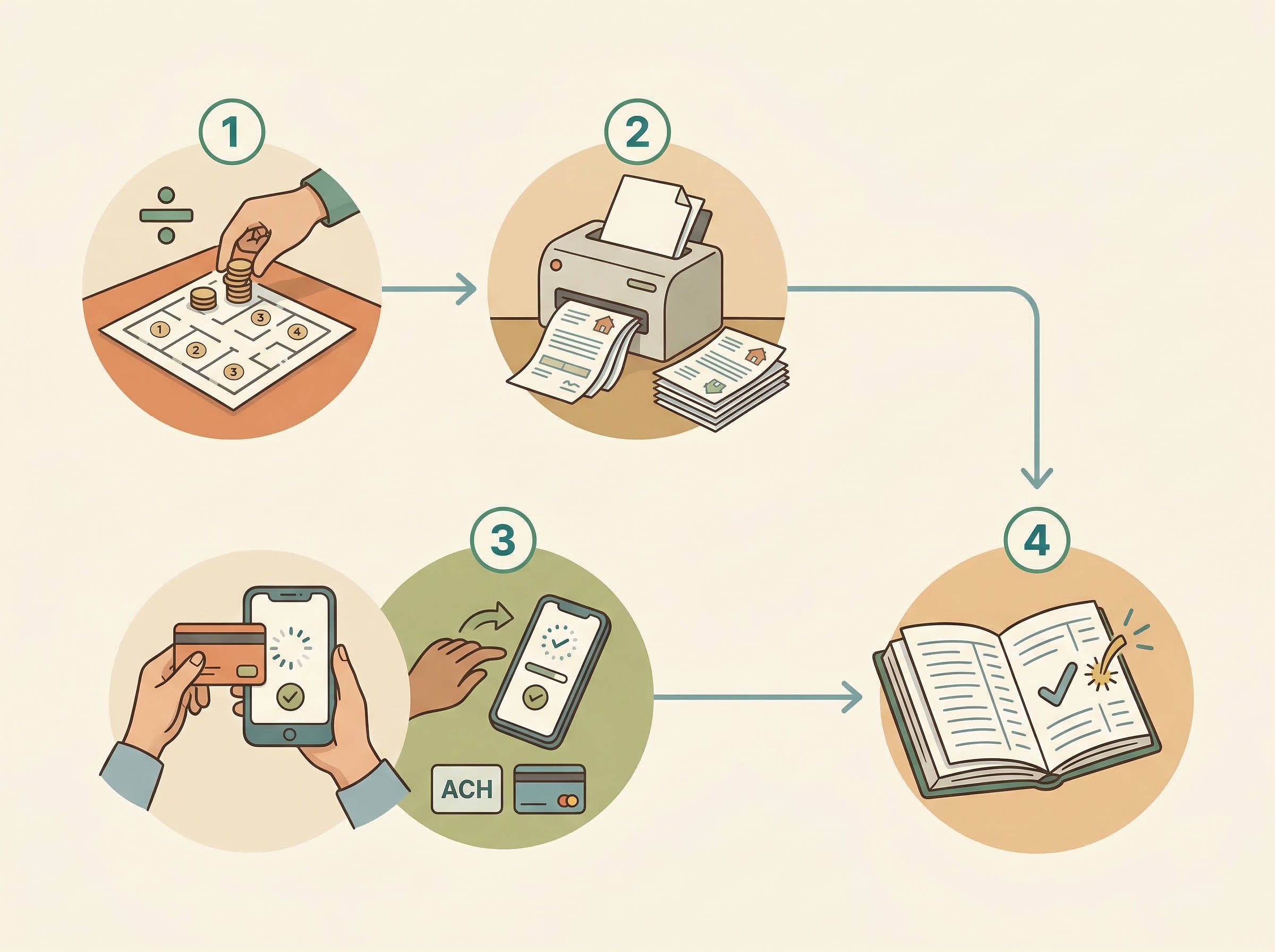 Step-by-step diagram showing assessments calculated, invoices generated, owners pay via ACH or card, and ledger updates