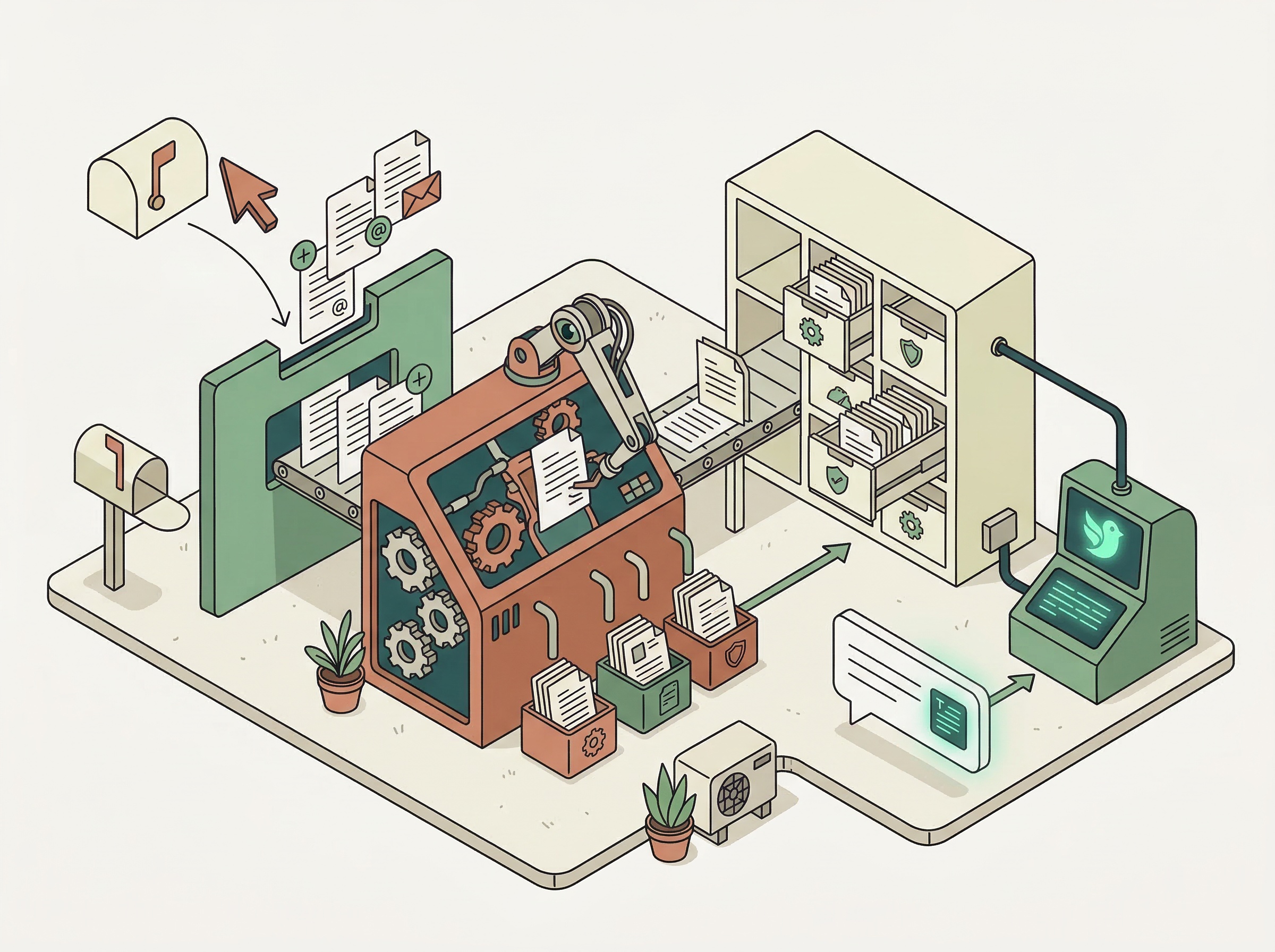 Isometric diagram showing documents arriving via email, AI parsing and classifying them into an organized library that powers chat answers